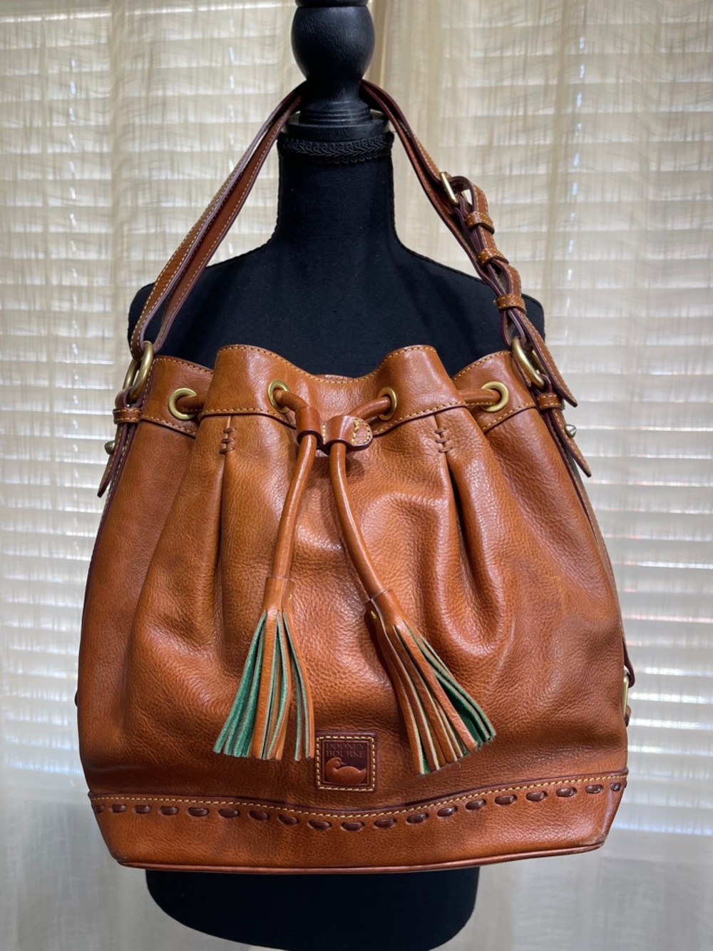 Dooney & Bourke Cognac Brown Leather Drawstring Hobo with Tassels